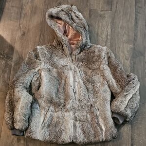 VINTAGE Élan Rabbit Fur Jacket Hood Large Retro 70s Women Man Coat